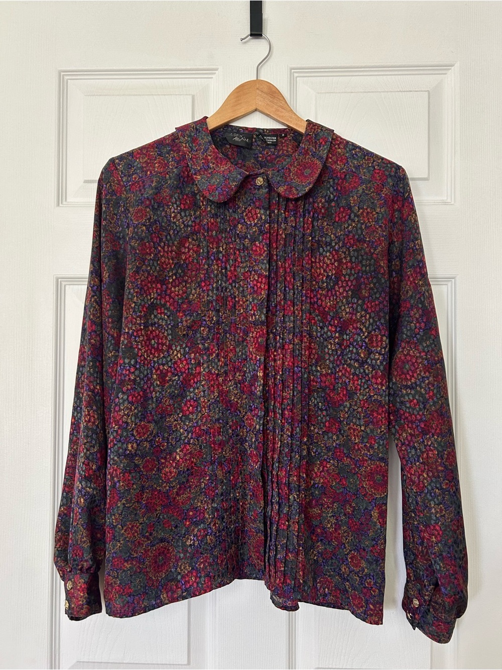 Floral Pleated Button-Up Blouse in Jewel Tone Burgundy and Navy